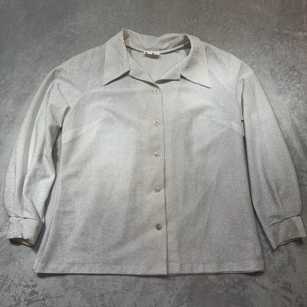 Vintage 70s Silver Metallic Shimmer Button Down Dagger Collar Disco Blouse XL